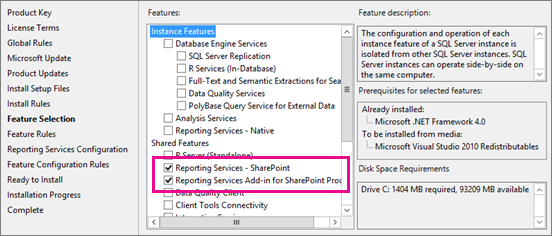 Screenshot of the Feature Selection page with the Reporting Services - SharePoint and Reporting Services add-in for SharePoint Products options selected.