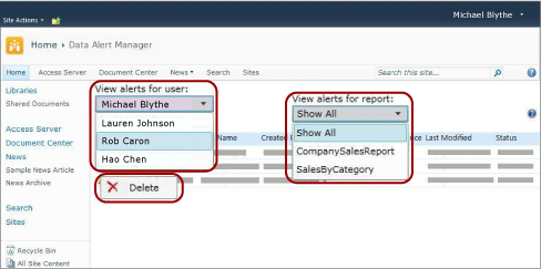 Screenshot of the Data Alert Manager showing the features available to alerting administrators.
