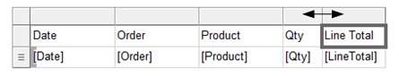 Diagram of a table data region populated with the fields: Date, Order, Product, Qty, and Line Total.