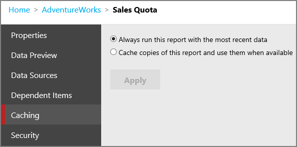 Screenshot that shows the Caching screen of the Edit Company Sales dialog box and the Always run this report with the most recent data option.