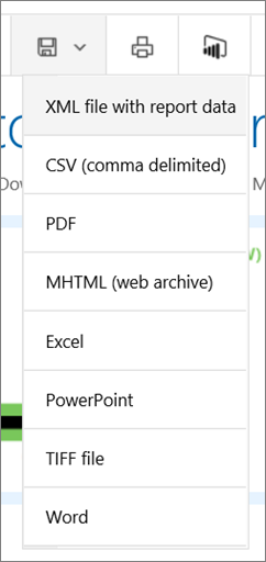 Screenshot showing the Reporting Services web portal Export list.