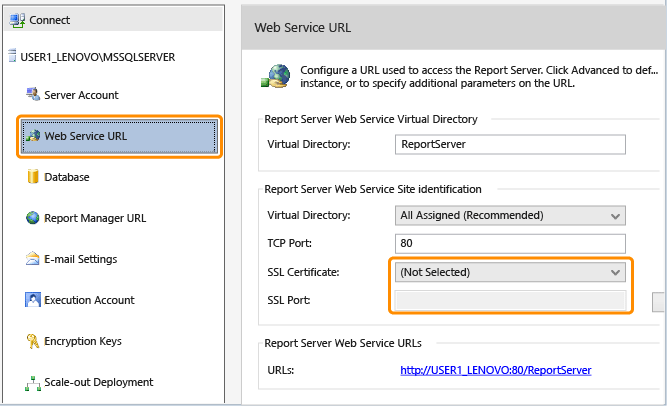 Screenshot of the Report Server Configuration Manager.