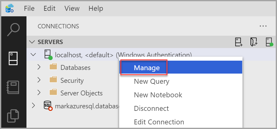 Screenshot showing Azure Data Studio with the Manage option highlighted and called out.