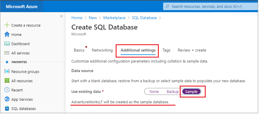 Choose sample as the data source on the Additional settings tab in the Azure portal when creating your Azure SQL Database