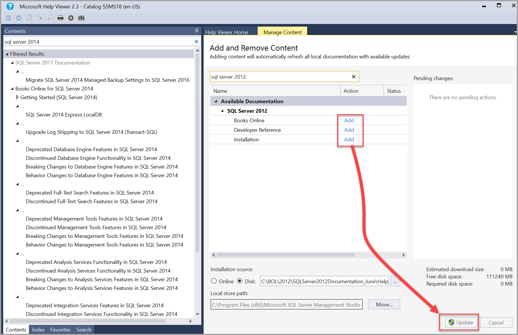 SQL Server 2012 books add and update in Help Viewer