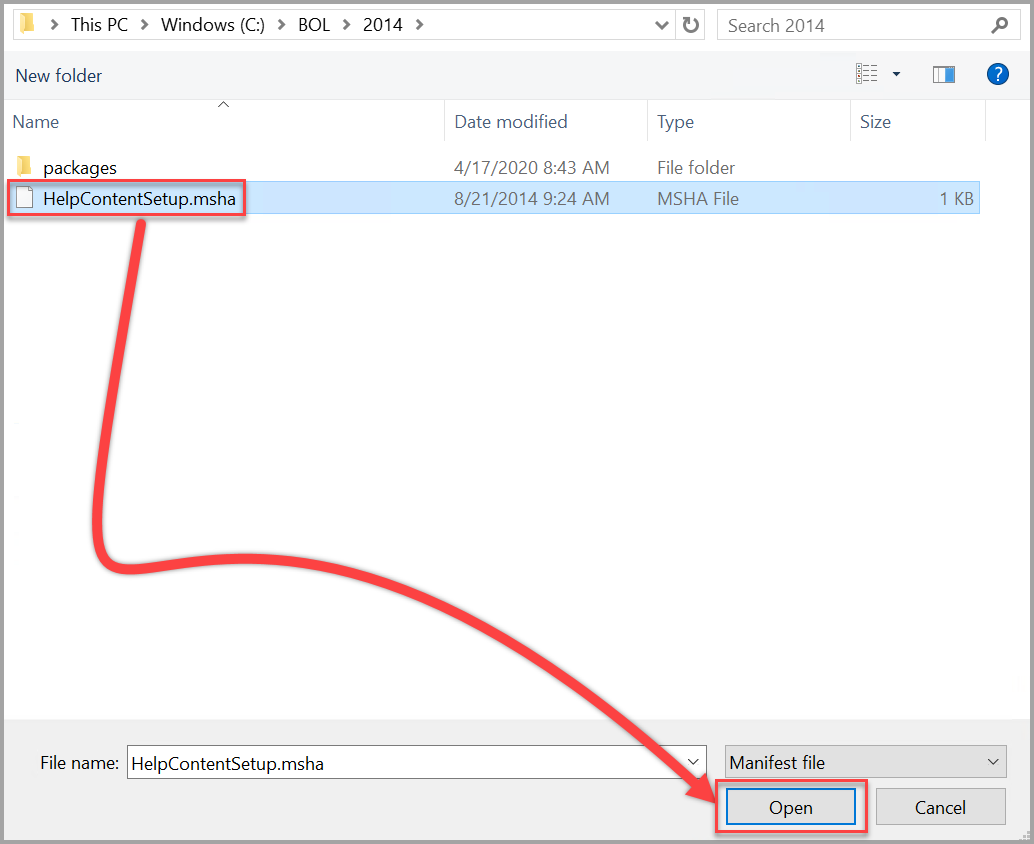 Open the SQL Server 2014 Help Content Setup.msha file