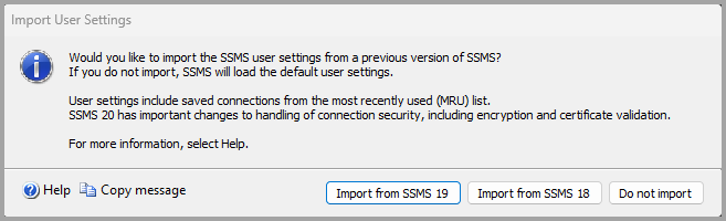 Screenshot of message asking to import settings.