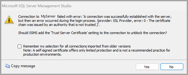 Screenshot of prompt asking to enable **Trust Server Certificate** for the connection.