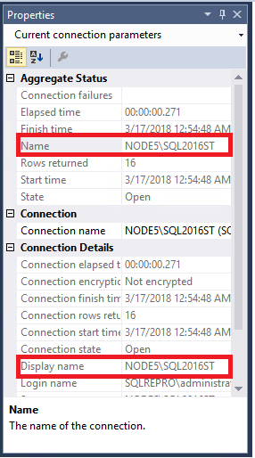 SQL Server instance name in the Properties window