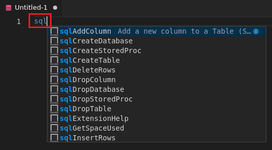 Screenshot of editor in Visual Studio Code, SQL snippets