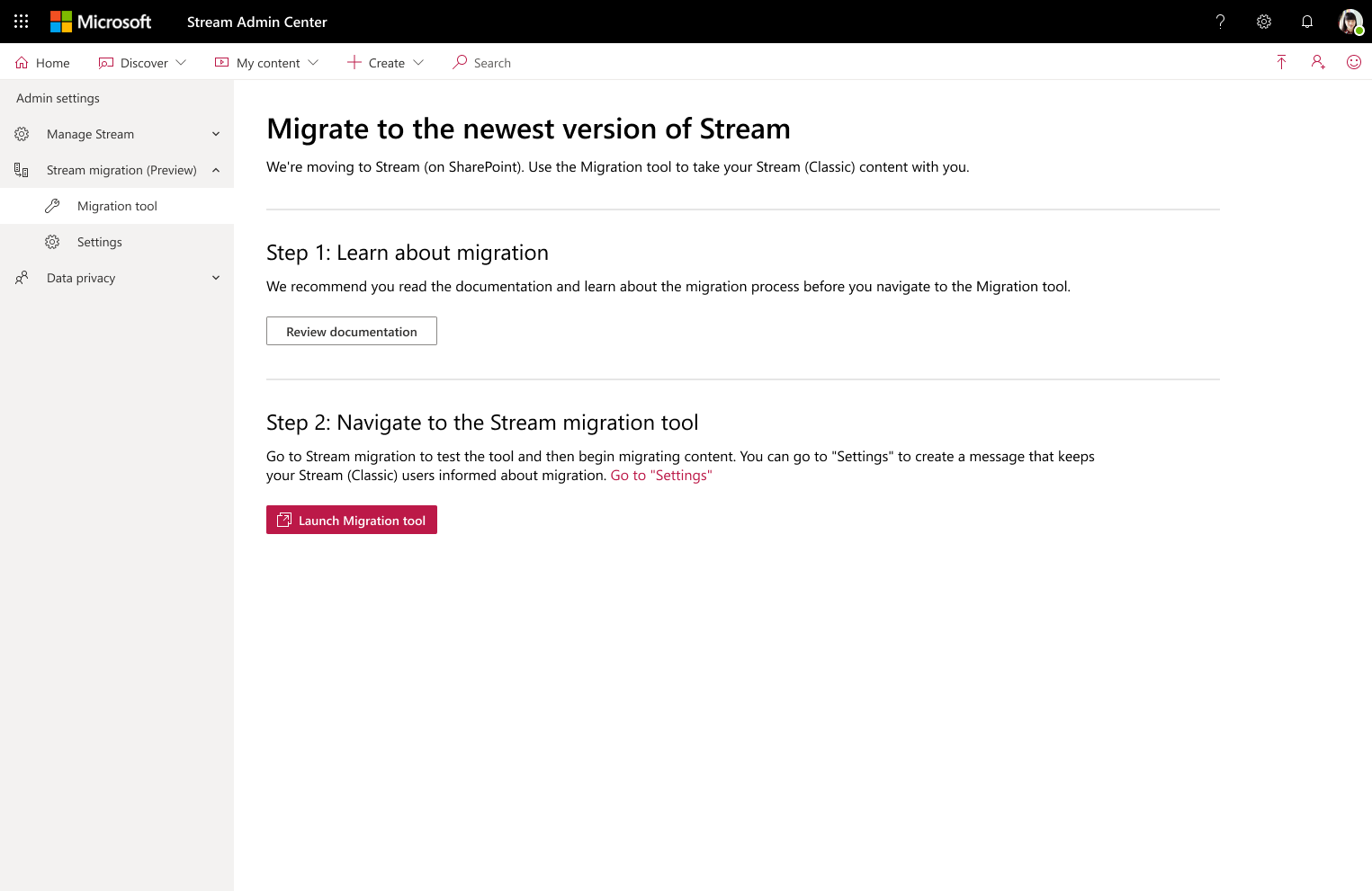 Migration tool page-Stream admin center 