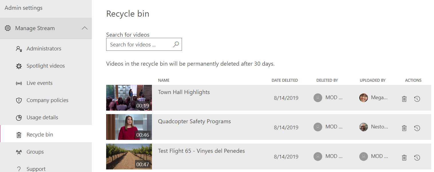 Admin video recycle bin list.
