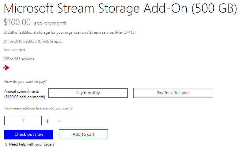 Microsoft Stream (Classic) Storage Add-on options page.