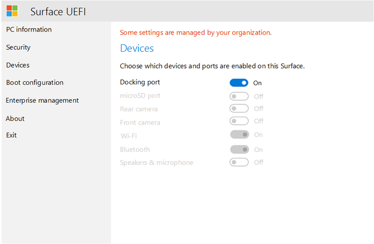 Settings managed by SEMM are disabled in Surface UEFI.