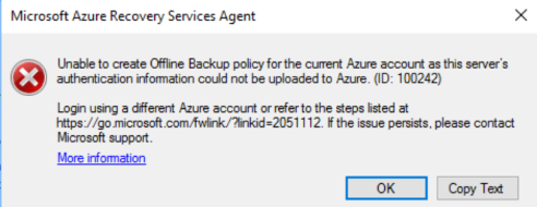 Screenshot of Azure recovery services agent.