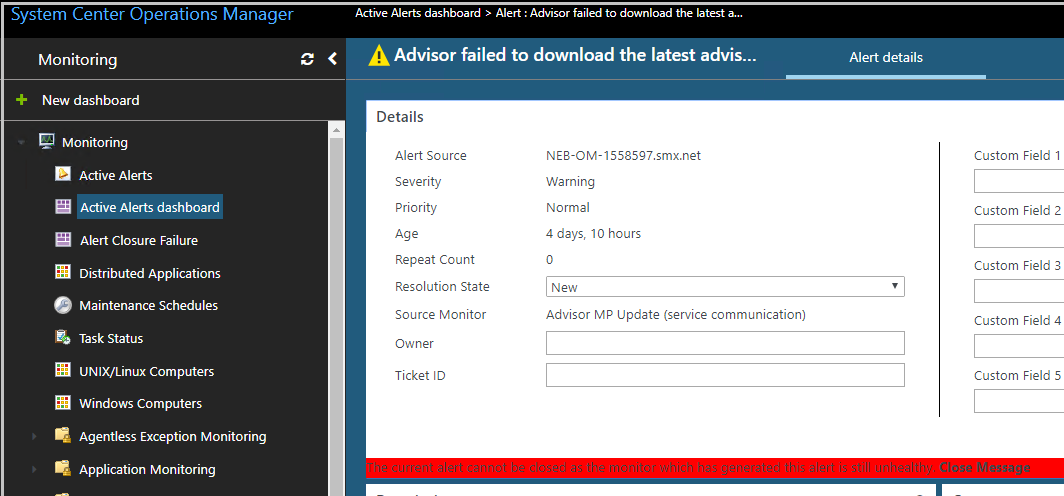 Screenshot showing the closed alert message web console.