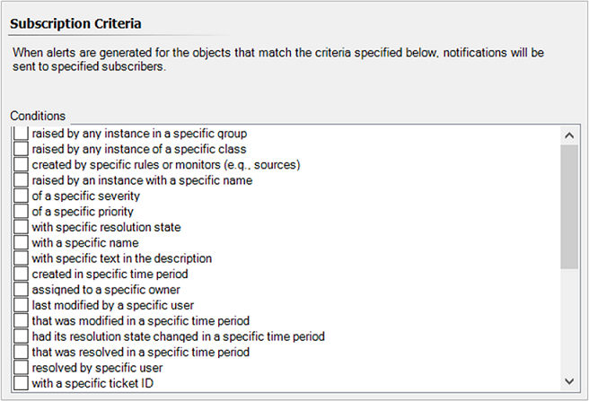 Screenshot showing List of conditions for alerts.
