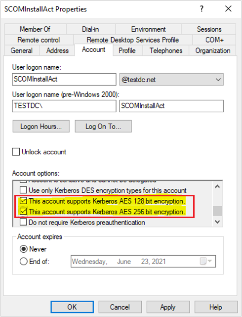 Screenshot of the AES Attributes enabled on the Domain Controller.