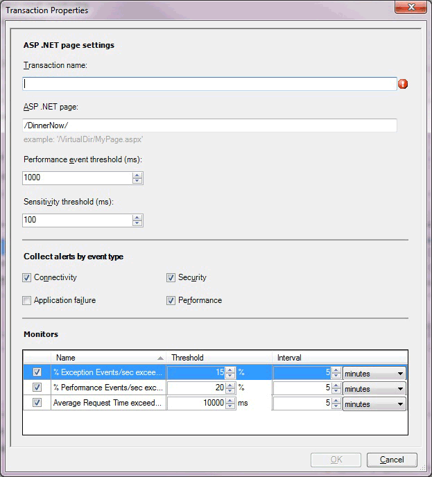Screenshot of Server-side transaction properties ASP.NET webpage.