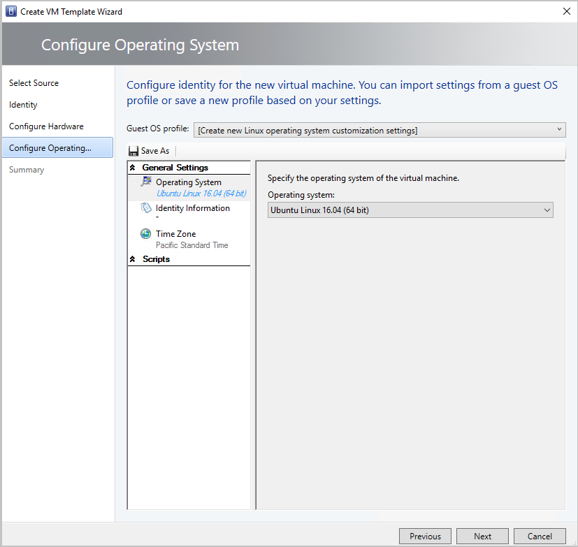 Screenshot of Configuration for the VM template's operating system.