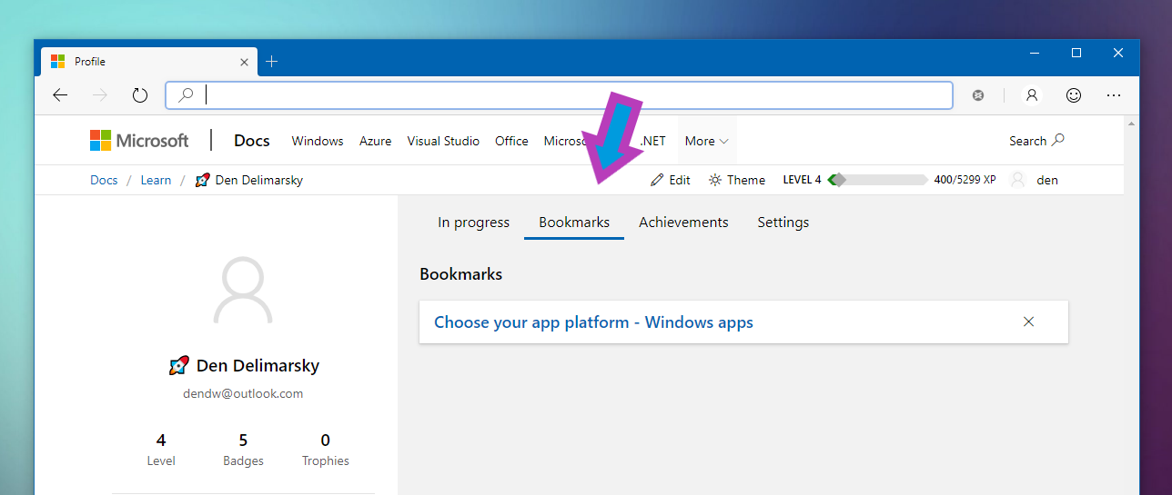 Example of bookmarks in the user profile