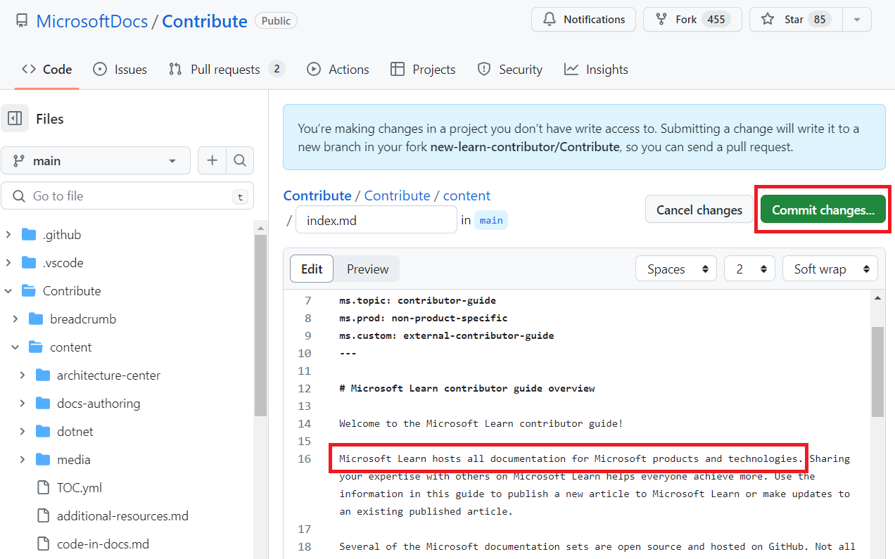 Screenshot of the Contribute file edited with a new sentence and the Commit changes button highlighted.