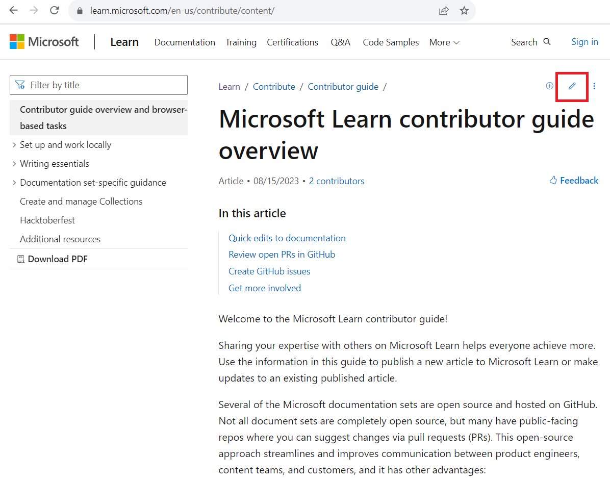 Screenshot of the Contribute article open and the pencil Edit icon highlighted.