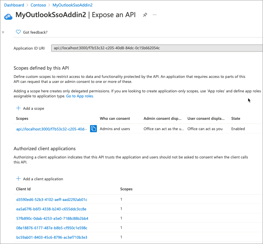 Screenshot showing ID and authorized clients who can access the add-in's API.
