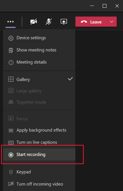 Screenshot showing Microsoft Teams meeting menu with start recording highlighted.