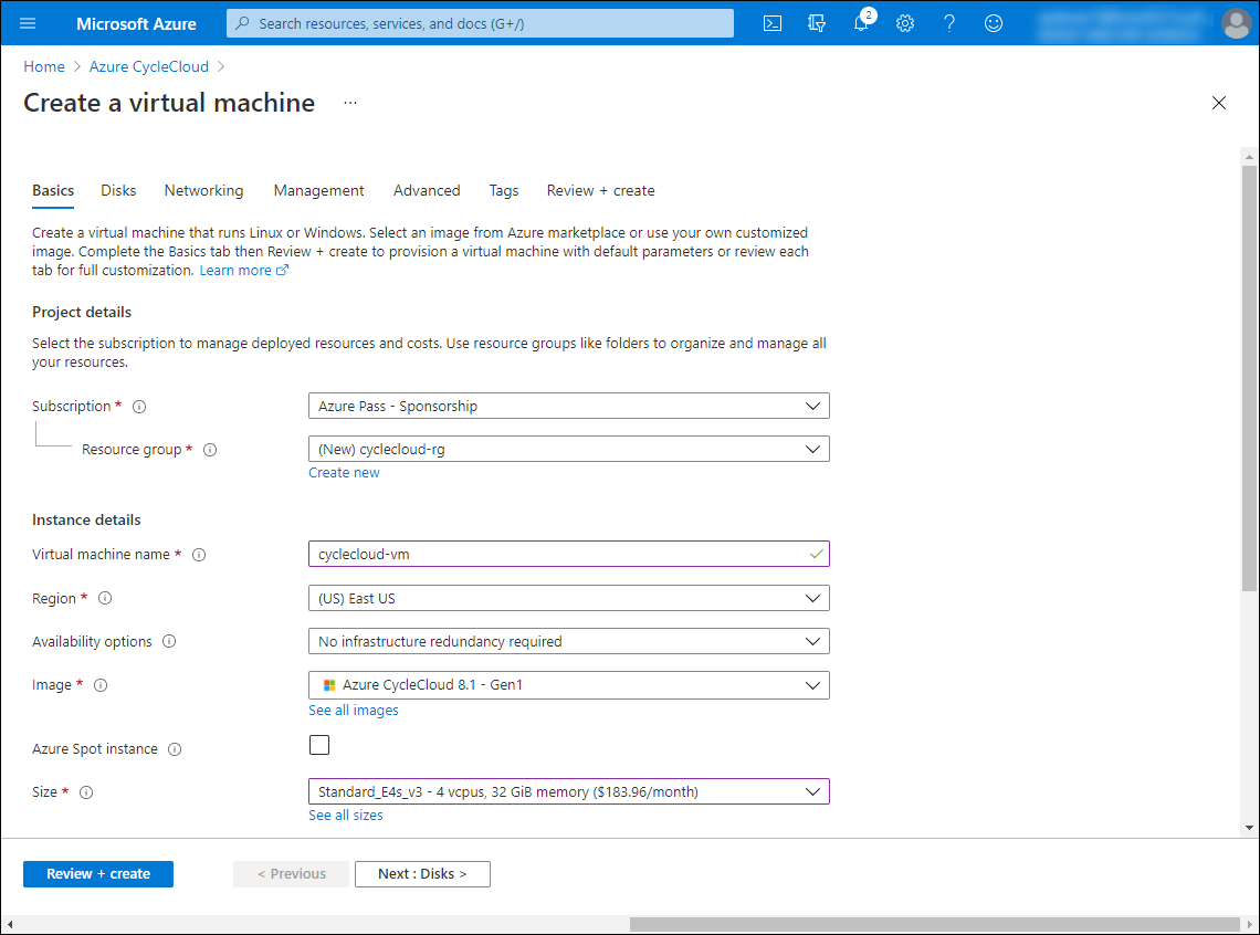 Screenshot showing the upper section of the Basics tab of Create a virtual machine section in the Azure portal.