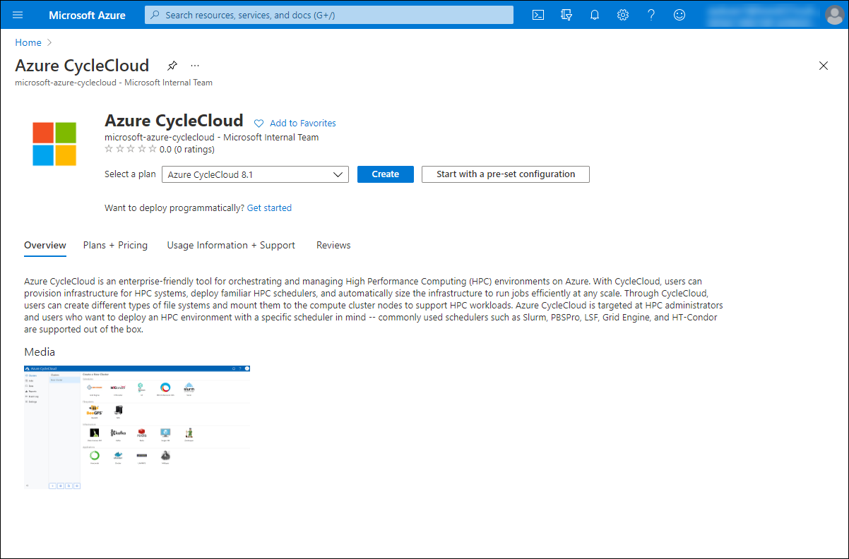 Screenshot showing the Create section of Azure CycleCloud in the Azure portal.