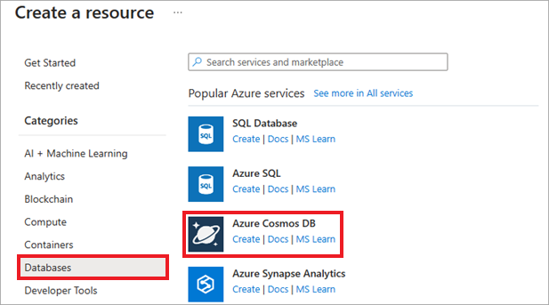 Screenshot of the Azure portal's Create a resource screen, Databases and Azure Cosmos DB are highlighted.