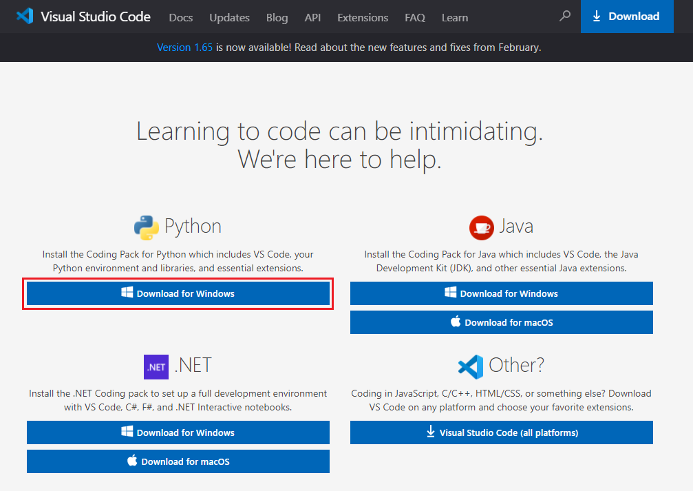 Screenshot of the Visual Studio Code download page on the Visual Studio Code website.