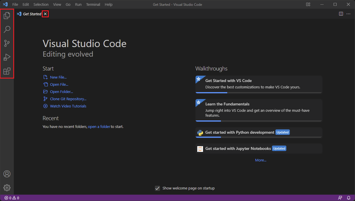 Screenshot of the Get Started page on VS Code home.