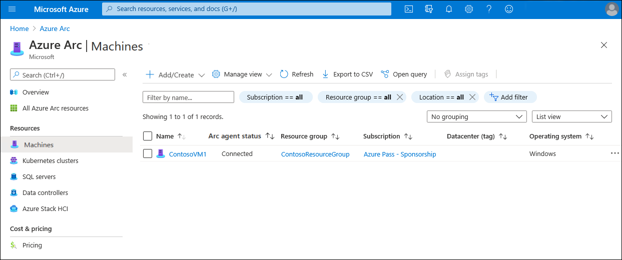 A screenshot of the Azure portal displaying the entry representing an Azure Arc-enabled Windows server.