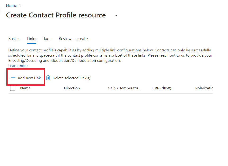 Screenshot of the Create Contact Profile resource page on the links tab with a red box around Add a new Link button.