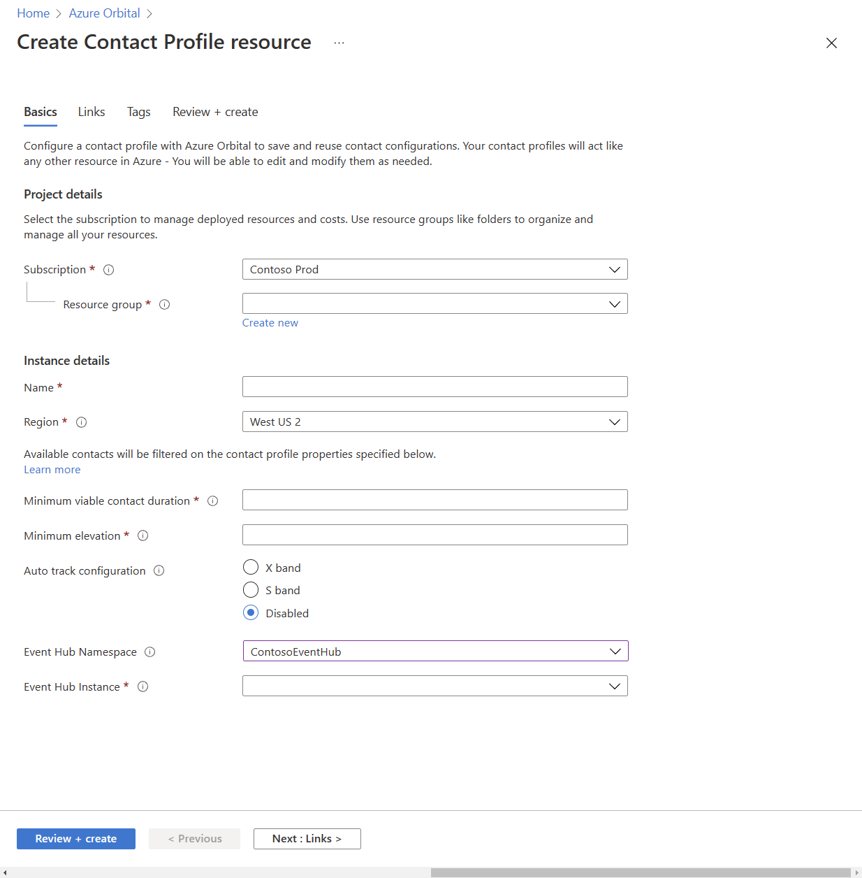 Screenshot of the Create a Contact Profile resource page on the basics tab. There are blank fields you need to fill out for the project details and instance details.