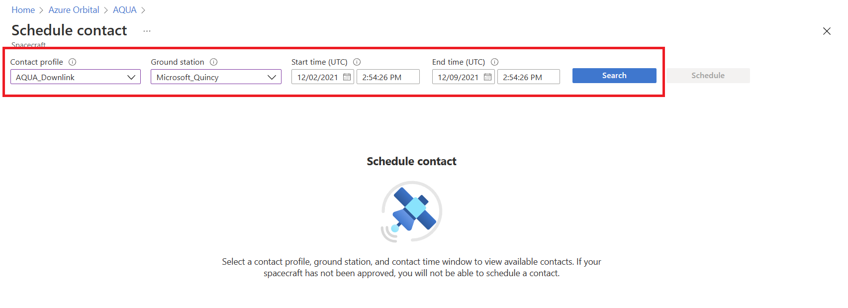 Screenshot of the Schedule contact page. There's a red box around the place where you can select the contact profile, ground station, start time, and end time.