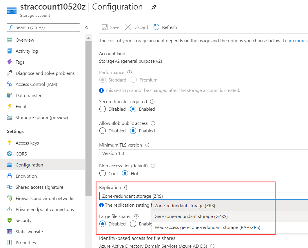 Screenshot of the storage account configuration, where you can change the replication type from ZRS to GZRS.