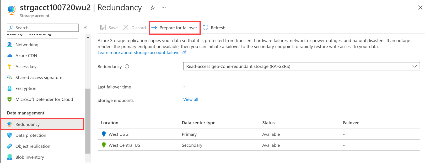 Screenshot of the Prepare for failover button on Storage account > Redundancy in the Azure portal.