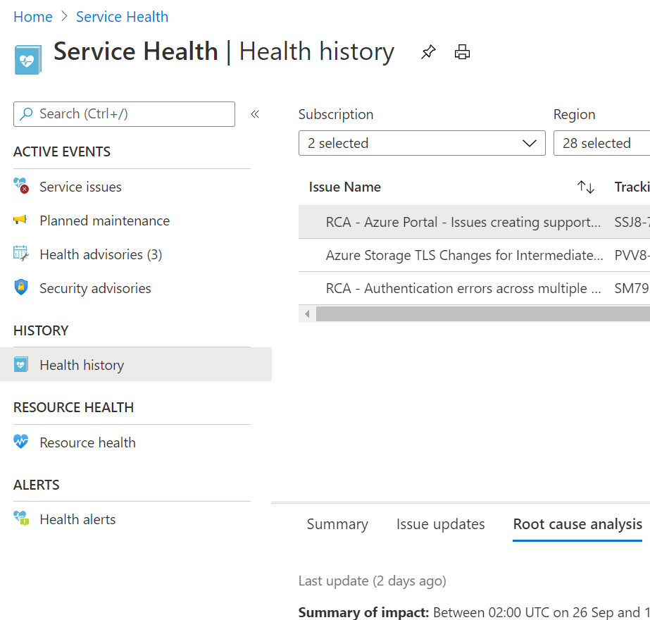 Screenshot of Azure Service Health > Health history that lists issues that impact your subscriptions.