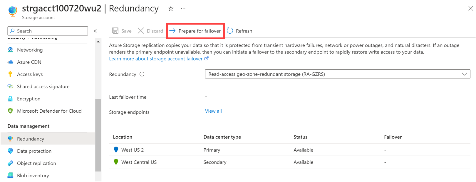 Screenshot of the Prepare for failover button at the bottom of the geo-replication page.