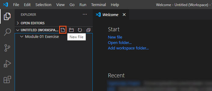Screenshot of the Visual Studio Code Explorer pane, with the New File icon highlighted.