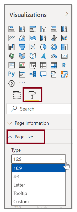 Image of the "Page size" options under the Visualizations pane.