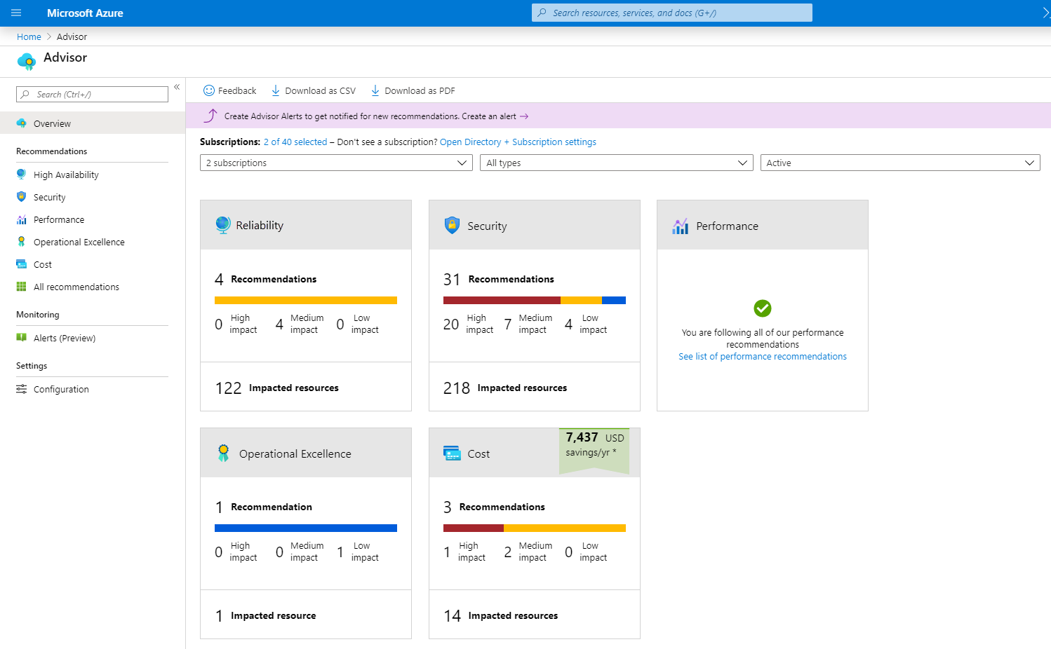 Screenshot of the Azure Advisor dashboard with boxes for the main areas of recommendations.