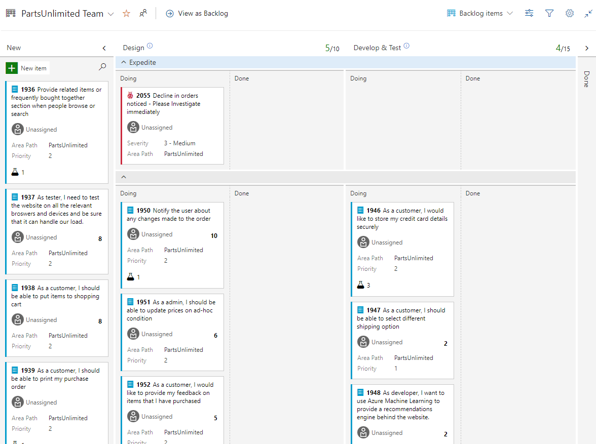 Screenshot of Kanban boards with work items.