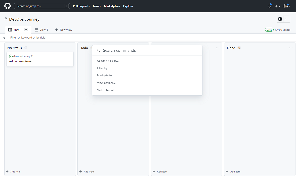 Screenshot of GitHub Projects (beta) board.