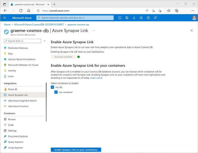 Screenshot showing the Azure Synapse Link page in the Azure portal, with an existing container selected and the Enable Synapse Link on your container button enabled.