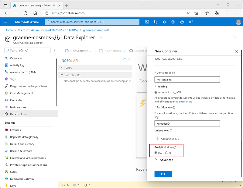 Screenshot showing the Analytical Store option when creating a new container in the Azure portal.