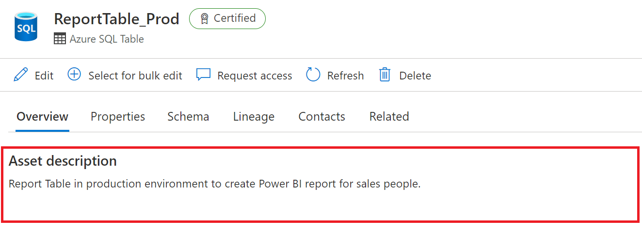 Microsoft Purview data catalog asset description, containing a sentence that tells analysts this is the correct resource to use for reporting.